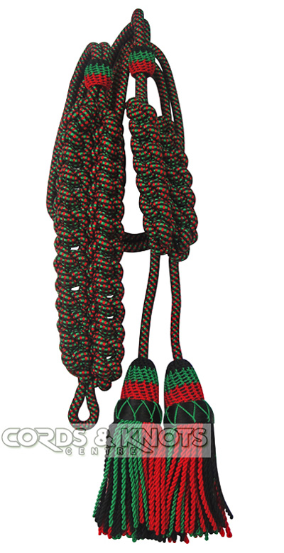 Red, black, green silk threads, dress cord.