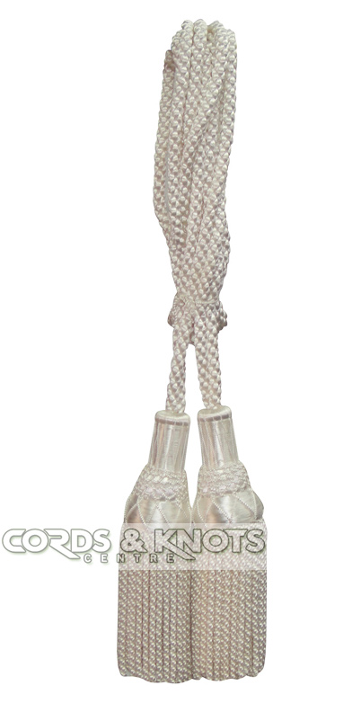 White blue silk cords are a type of cord used to connect and decorate the various parts of a bagpipe.